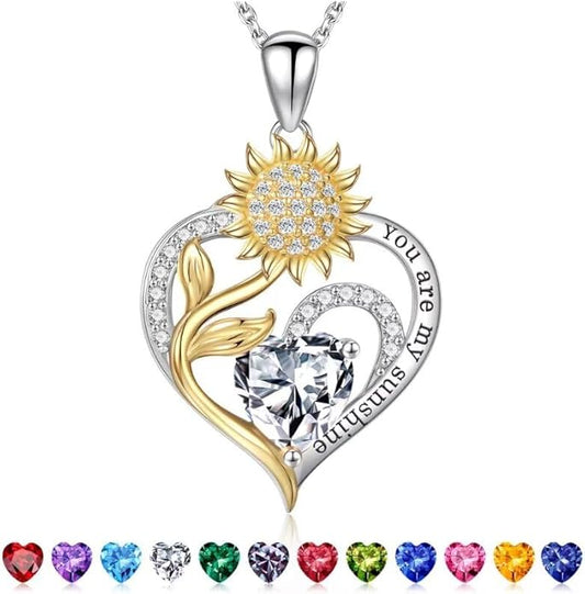 Iefil Christmas Gifts for Women Wife Mom - Sunflower Birthstone Necklace for Women, Anniversary Birthday Gifts 925 Sterling Silver Heart Pendant You Are My Sunshine Jewelry for Girlfriend Mom Daughter