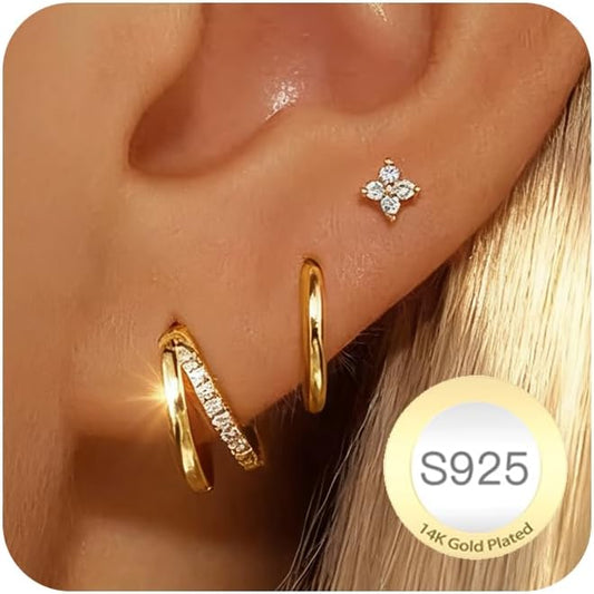 DORANA Valentines Day Gift 3 Pairs 925 Sterling Silver Earrings for Women Girls Non Tarnish Small Hypoallergenic Huggie Hoops Cartilage Stack Earring Sets for Multiple Piercing