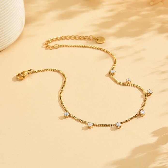 Anklet Bracelets for Women 18K Gold Plated Tennis Anklets Dainty Sapphire Paperclip Pearl Sequin Droplet Adjustable Large Anklet Bracelets Simple Beach Summer Waterproof Foot Jewelry