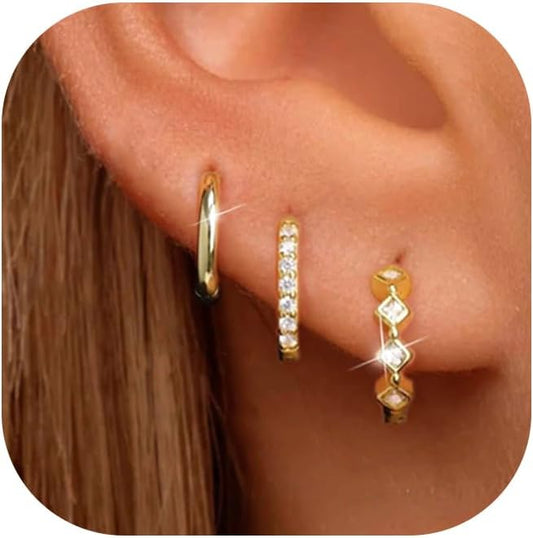 Small Gold Hoop Earrings Set for Women, 14K Gold Plated Lightweight Earrings Sets for Multiple Piercing, Hypoallergenic Huggie Gold Hoops Earrings for Women Jewelry