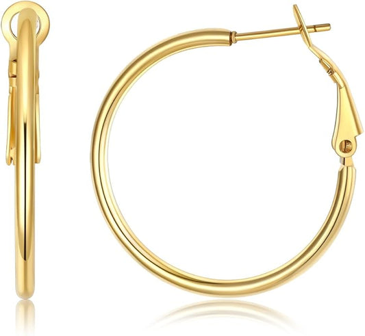 FOCALOOK 14K Gold Plated Lightweight Large Hoops| 2mm Thin Hoop Earrings for Women 30/40/50/70/100mm