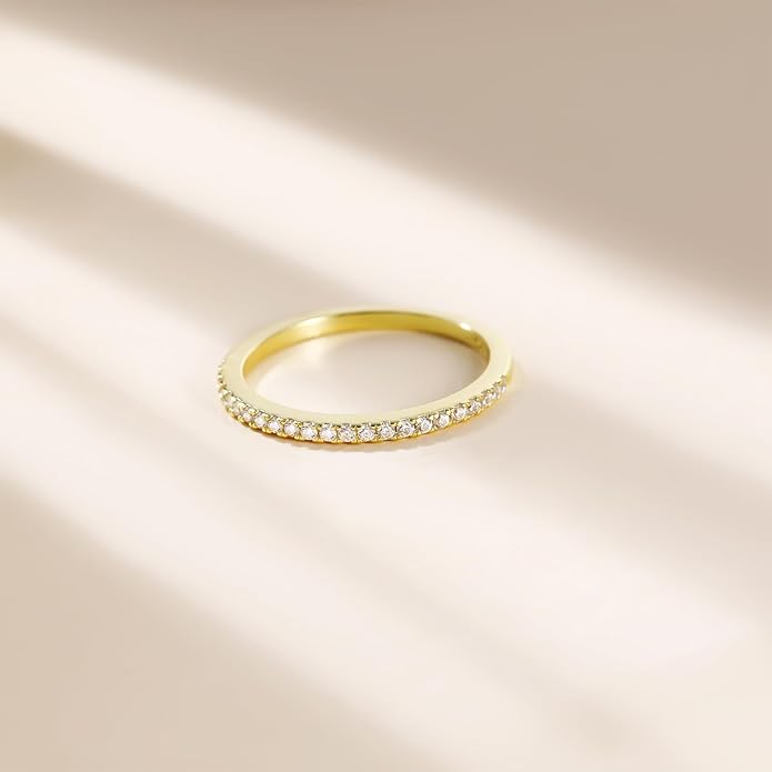 EAMTI 1.5mm 14K Gold Plated Eternity Bands for Women 925 Sterling Silver Half Eternity Stackable CZ Engagement Ring for Women Size 3-10