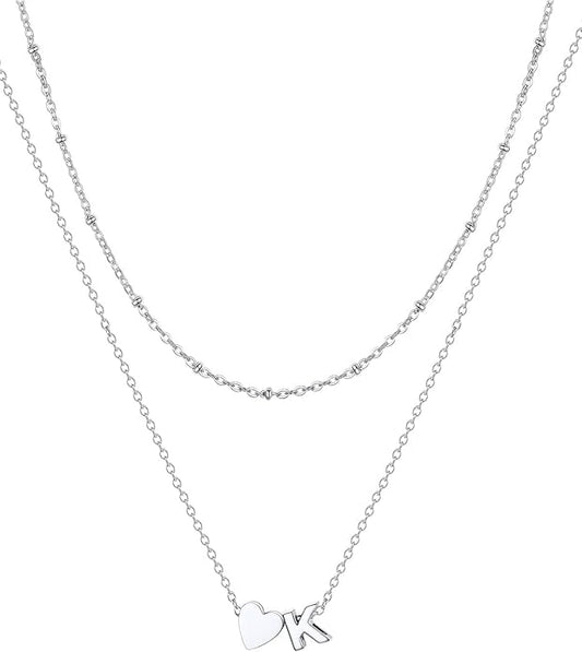 FOCALOOK Layered Initial Necklace for Women, 14K Gold Plated Choker Necklaces Stacks with Initial A-Z, Dainty Silver Heart Pendant Necklace Personalized Birthday Women Jewelry