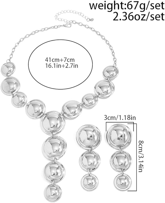 Exaggerated Chunky Gold Choker Long Y Necklace Round Drop Earring Set for Women Unique Big Geometry Silver Necklaces Large Dangly Earring Jewelry Gift