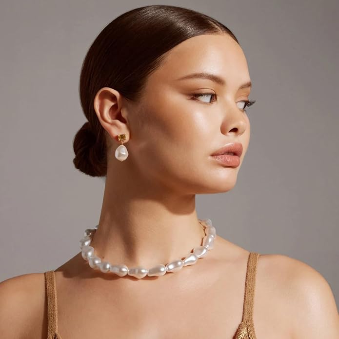 Chunky Statement Stone Beaded Necklace, Big Baroque Pearl Gold Choker, Trendy Boho Colorful Stone Jewelry