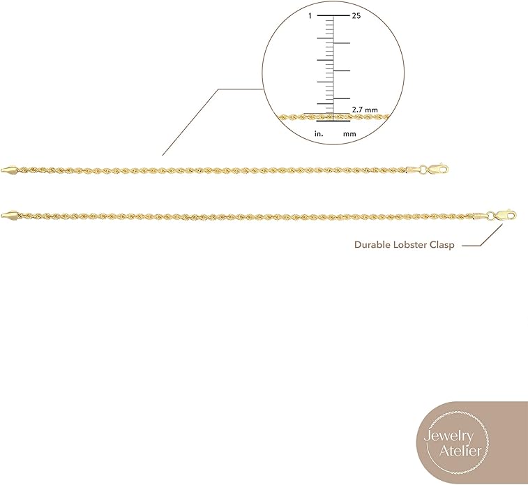 Jewelry Atelier Gold Filled Chain Bracelet Collection - 14K Solid Yellow Gold Filled Rope Chain Bracelets for Women and Men with Different Sizes (2.7mm, 3.8mm)