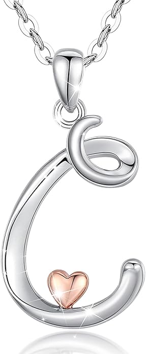 CELESTIA 925 Sterling Silver Initial Necklaces 26 Letter with Rose Gold Heart - 18 Inch Chain