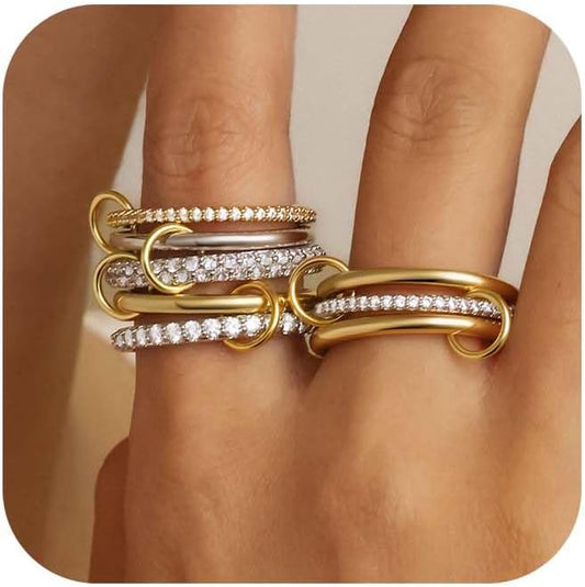 FUSAHURIY 2PCS Gold Stackable Rings Set for Women, 14K Gold Plated Interlocking Linked Rings with Cubic Zirconia, Gold Silver Mixed Metal Stackable Ring, Statement Jewelry Gifts