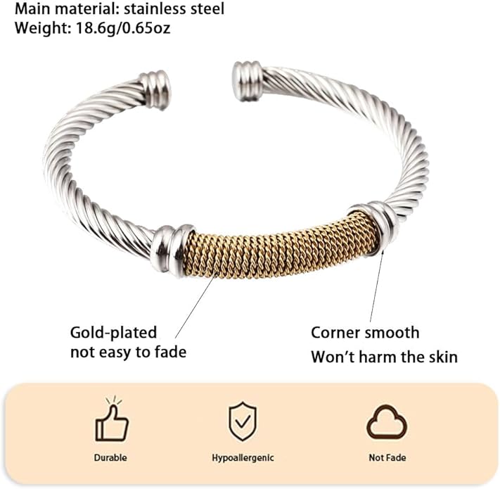 Twisted Cable Bangle Bracelet for Women Gold Plated Lightweight Adjustable Open Cuff Vintage Chunky Jewelry Gift for Her Mom Sister Birthday Christmas