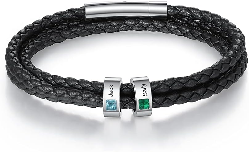 kaululu Custom Leather Bracelet for Men with 1/2/3/4/5/6/7/8 Birthstones Engraved Stainless Steel Beads Personalized Names Bracelet for Father's Day Christmas Thanksgiving Gift for Men