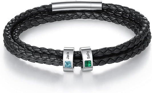 kaululu Custom Leather Bracelet for Men with 1/2/3/4/5/6/7/8 Birthstones Engraved Stainless Steel Beads Personalized Names Bracelet for Father's Day Christmas Thanksgiving Gift for Men