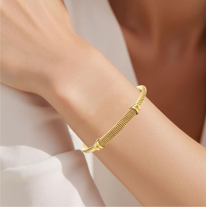 Twisted Cable Bangle Bracelet for Women Gold Plated Lightweight Adjustable Open Cuff Vintage Chunky Jewelry Gift for Her Mom Sister Birthday Christmas