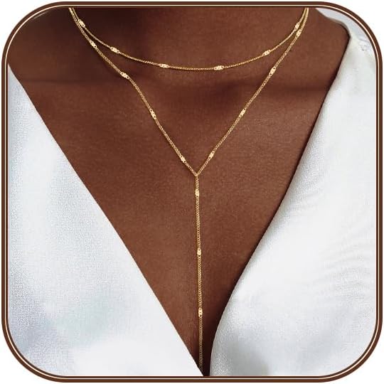Lariat Silver/Gold Necklace for Women 925 Silver/14K Gold Plated Dainty Long Necklace Y-Shaped Drop Pendant Necklaces Choker Trendy Chain Simple Layered Necklaces CZ Jewelry for Women Set Gift