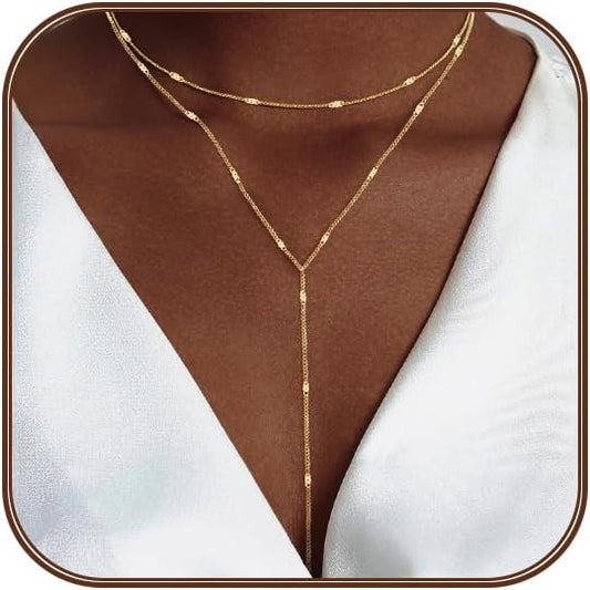 Lariat Silver/Gold Necklace for Women 925 Silver/14K Gold Plated Dainty Long Necklace Y-Shaped Drop Pendant Necklaces Choker Trendy Chain Simple Layered Necklaces CZ Jewelry for Women Set Gift