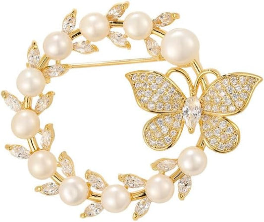 14K Gold Grand Butterfly Brooch with Crystal Embellishments, Circular Design Adorned with Natural Pearl, Luxurious and Elegant Pin for Stylish Attire
