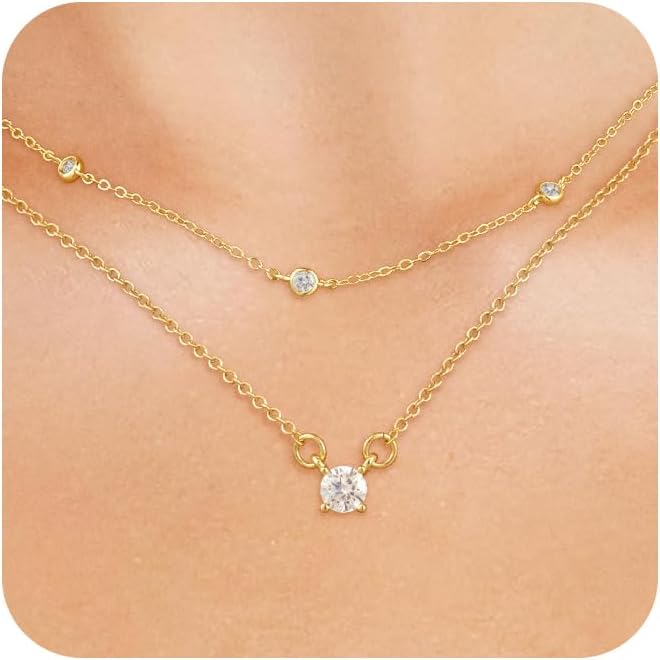 Cubic Zirconia Necklace, Dainty 14k Gold Plated Diamond Necklaces For Women Choker Necklace Simple Gold Plated CZ Jewelry Necklaces for Women Trendy Gifts