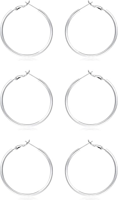 3 Pairs Sterling Silver Hoop Earrings, 14K White Gold Plated Big Hoop Earrings Set for Women 40 50 60MM