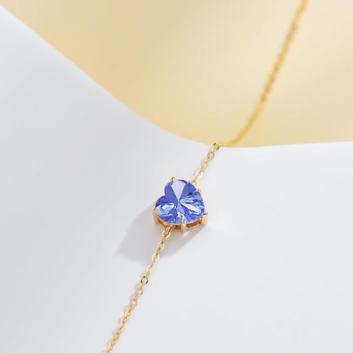 14k Gold Love Heart Gemstone Bracelet for Women,7MM Heart-cut Created Birthstone Anniversary Birthday Mother's Day Bracelets Jewelry for Mom Her 6.5''+2''