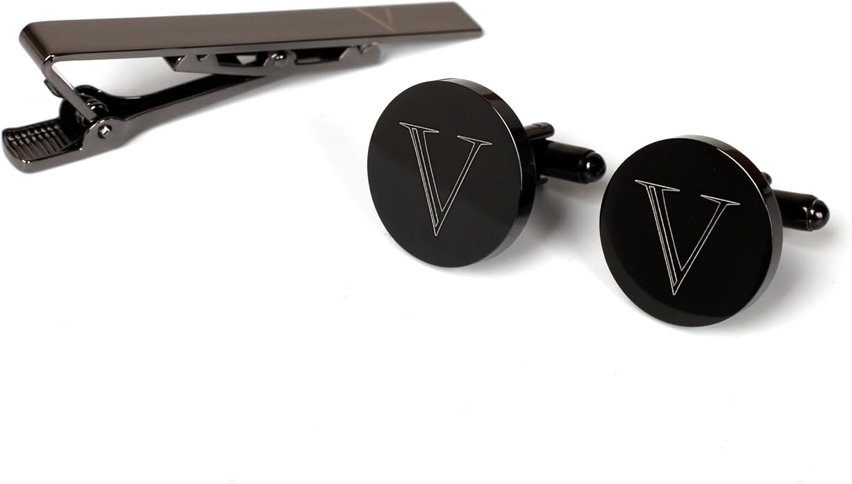 Mens Initial Cufflinks and Tie Clip A-Z Alphabet Letter Black Stainless Cuff Links Tie Bar with Engraved Walnut Wood Box Groom Groomsman Wedding Set