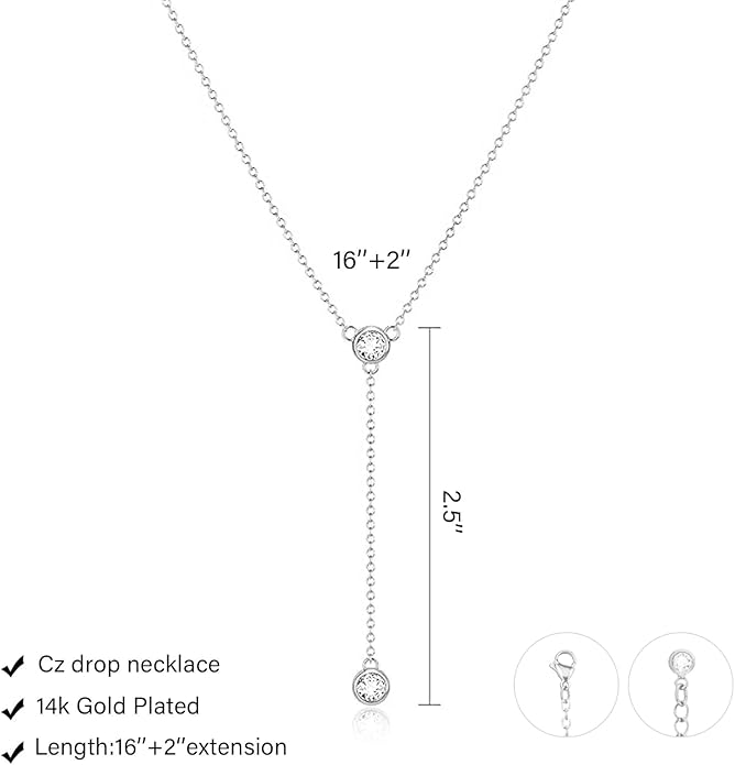 Zeffy Lariat Gold Necklace for Women, Dainty Long Necklace 14k Gold/Silver Plated Layered CZ Beaded Bar Chain Y-Shaped Body Chain Stack Drop Wedding Necklace Trendy Simple Gold Jewelry Gifts