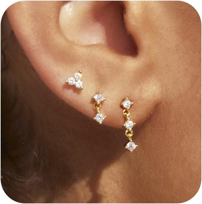 Gold Plated Earrings for Women, 14k Gold Plated Earring Stack Hypoallergenic Pearl Drop Earring Dainty Earrings for Women Trendy Cute Small Huggie Hoop Earring Fashion Womens Jewelry