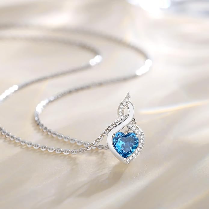 FANCIME 14K Solid White Gold Heart Birthstone Necklace with Diamond Pendent Birthday Gifts for Mom Women, Sterling Silver Chain 16" + 2" Extender