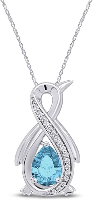 Infinity Penguin Pendant Necklace for Women, 14K Gold Over Sterling Silver with Pear & Round Cut Simulated Birthstone & White Diamond Accents, Dainty Animal Jewelry Gift with 18" Chain