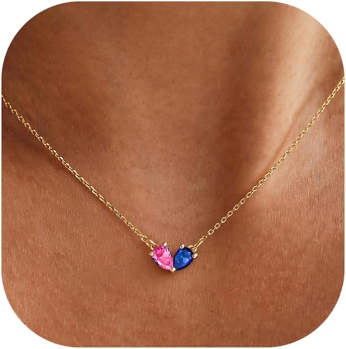 KOHOTA Gold Birthstone Necklace for Women Non Tarnish 14K Gold Plated CZ Heart Pendant Necklaces Dainty 2 Birthstones Emerald Green Charm Necklace for Mother and Daughter Birthday Jewelry Gifts