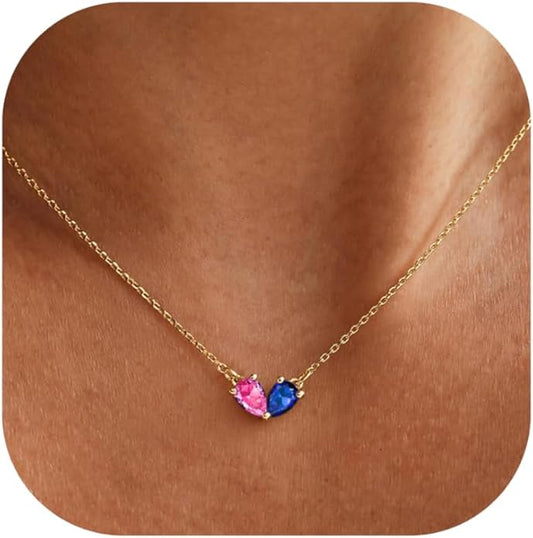 KOHOTA Gold Birthstone Necklace for Women Non Tarnish 14K Gold Plated CZ Heart Pendant Necklaces Dainty 2 Birthstones Emerald Green Charm Necklace for Mother and Daughter Birthday Jewelry Gifts