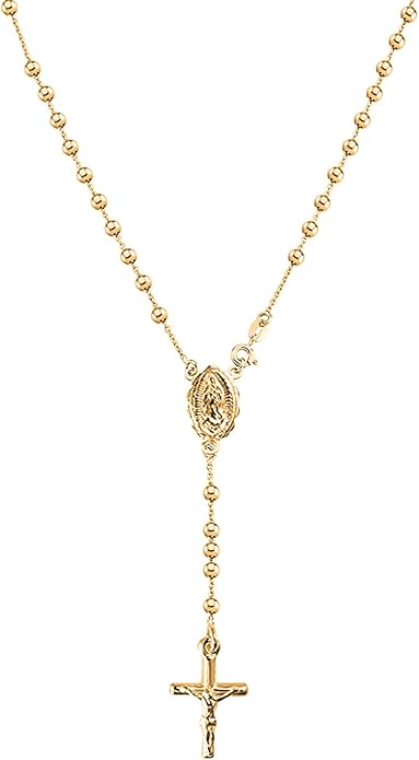 Savlano 925 Sterling Silver Italian Solid Bead Chain Cross & Rosary Virgin Mary Pendant -18K Gold Plated Y Necklace Comes With Gift Box for Women - Made in Italy