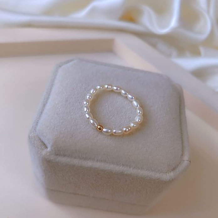 Vintage Boho Cultured Pearl Adjustable Beaded Wrap Ring,Trendy Elastic Freshwater Pearl Rings for Women,Fashion Heart Shell Stacking Rings for Men