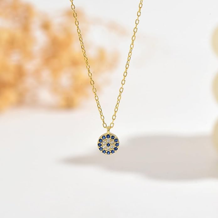 SUYACS Dainty Gold Plated Evil Eye Necklaces for Women 925 Sterling Silver Blue CZ Diamond Pendant Necklace Eye Charm Chain Lucky Egyptian Greek Protection Jewelry Christmas Gifts for Mom