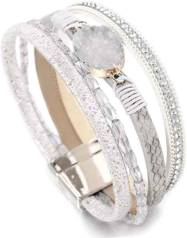 Fesciory Leopard Bracelet for Women, Boho Leather Wrap Multi-Layer Pearl Crystal Bracelet Bangle Jewelry