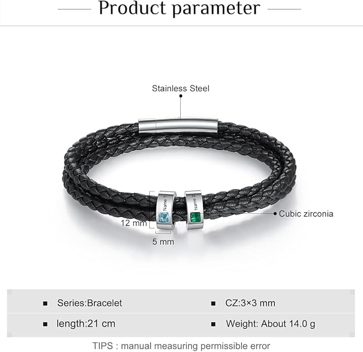 kaululu Custom Leather Bracelet for Men with 1/2/3/4/5/6/7/8 Birthstones Engraved Stainless Steel Beads Personalized Names Bracelet for Father's Day Christmas Thanksgiving Gift for Men