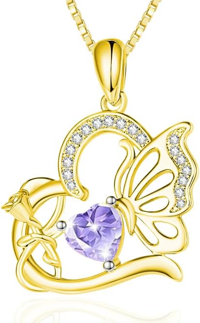 Birthstone Heart butterfly Necklace for Women, Infinity Pendant 14K Gold /18K White Gold Womens Necklaces, Jewelry Anniversary Birthday Christmas Gifts for Her Mom Wife﻿