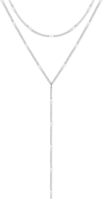 Zeffy Lariat Gold Necklace for Women, Dainty Long Necklace 14k Gold/Silver Plated Layered CZ Beaded Bar Chain Y-Shaped Body Chain Stack Drop Wedding Necklace Trendy Simple Gold Jewelry Gifts