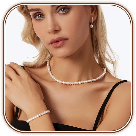 Zeffy Gold Pearl Necklace for Women, Dainty 14K Gold/Silve Plated Layered Pearl Choker Pearl Earrings Pearl Bracelets Wedding Trendy Gold Jewelry Set for Women Gifts