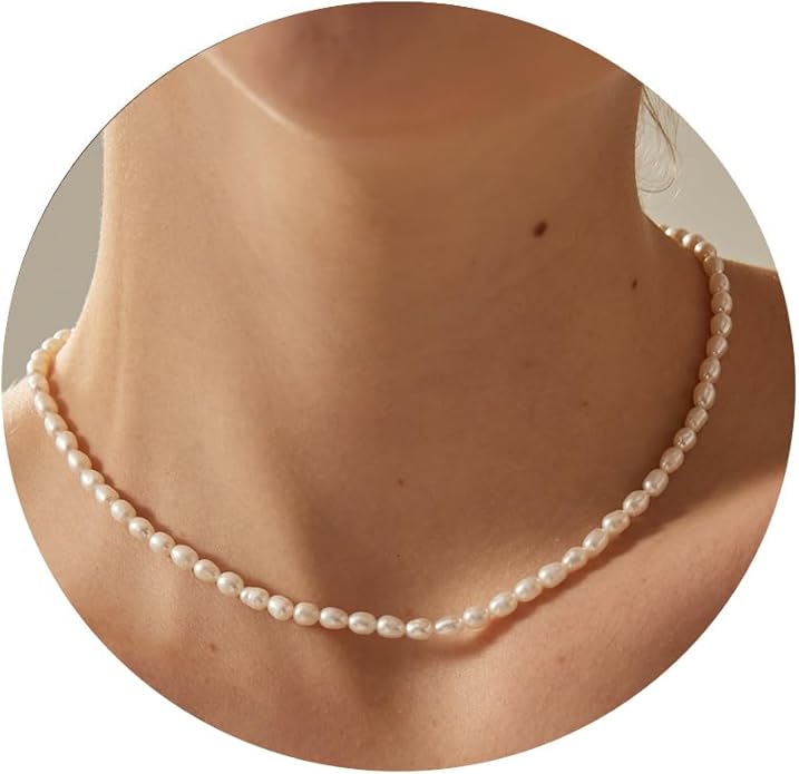 14K Gold Plated Freshwater Pearl Necklaces for Women Teens Dainty Small 4mm Adjustable Chain 16+2" Oval Rice Real Pearl Strand Necklace Pearl Accessories Jewelry Gifts