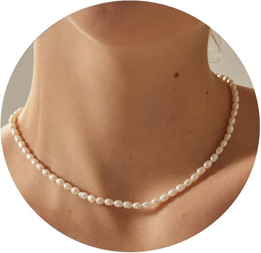 14K Gold Plated Freshwater Pearl Necklaces for Women Teens Dainty Small 4mm Adjustable Chain 16+2" Oval Rice Real Pearl Strand Necklace Pearl Accessories Jewelry Gifts