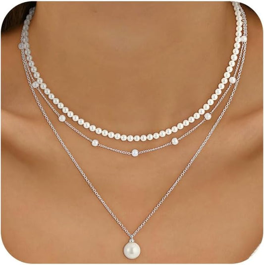 Pearl Necklaces for Women Trendy, 18K Gold/Silver Plated Layered Pearl Necklace Dainty Pearls Choker Necklace and Earring Set Simple Pearls Bracelets Wedding Prom Gold Jewelry for Women Gifts