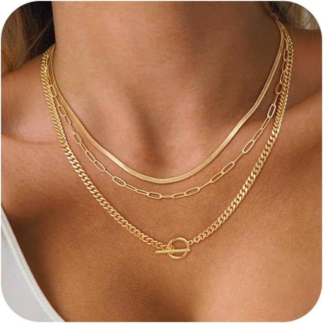 CHESKY 14K Gold Plated Layered Herringbone Necklaces for Women, Trendy Paperclip Snake Chain Necklace Cuban Link Simple Chunky Toggle Clasp Necklace Set Fashion Jewelry