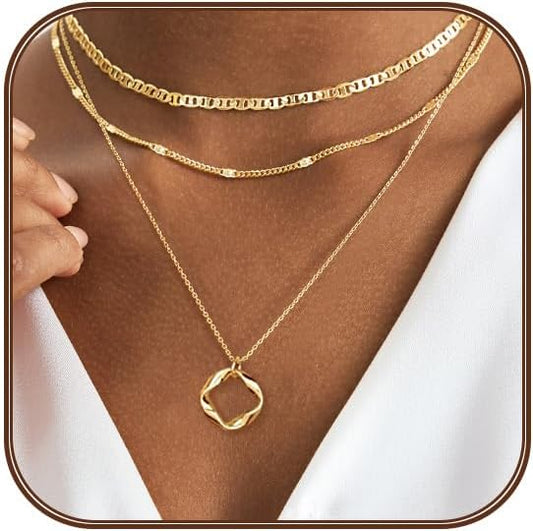 Gold Layered Necklaces for Women 14k Gold Plated Dainty Stackable Choker Necklaces for Women Trendy Layering Chain Cute Pendant Necklace Set Gold Jewelry for Women