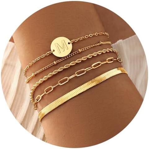 KSF Gold Bracelets for Women Stack - 14K Gold Plated Stackable Bracelets for Women Trendy Initial Bracelet Set Stack Cuban Link Paperclip Chain Jewelry Gifts