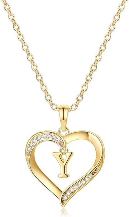 Heart Initial Necklace for Women, 14K Gold Plated Cubic Zirconia Heart Pendant Necklace, Dainty Initial Charm Necklace Letter A to Z Initial Jewelry for Women Girls