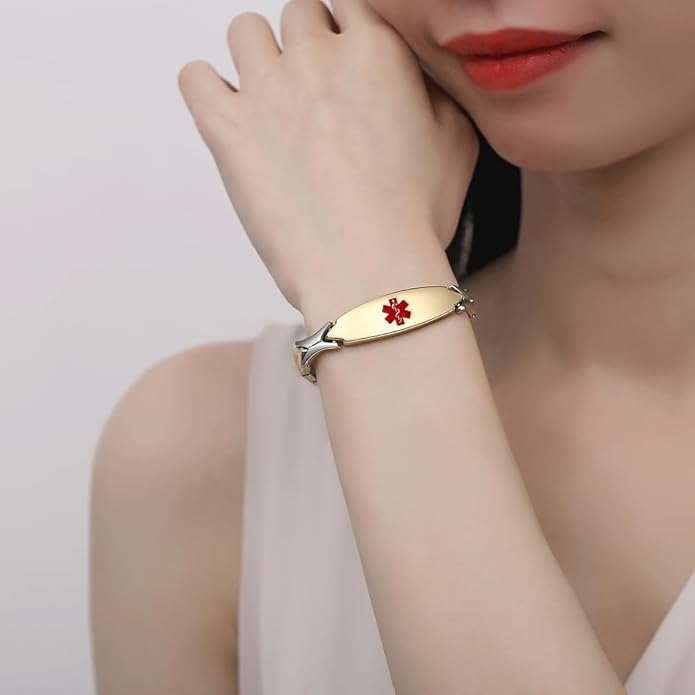 LinnaLove Fashion Shiny medical alert bracelet with Free Engraving Stainless steel Medical id bracelet for Women