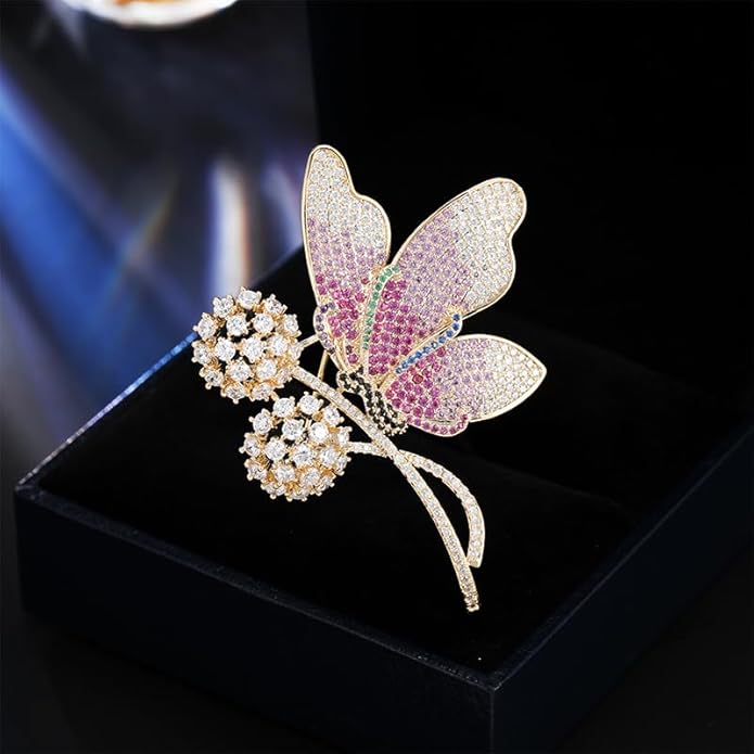 14K Gold Luxury Butterfly Brooch Sparkling Moissanite Accents & Enamel Painted Details, Retro Chic for Cheongsam, Coats & Formal Attire