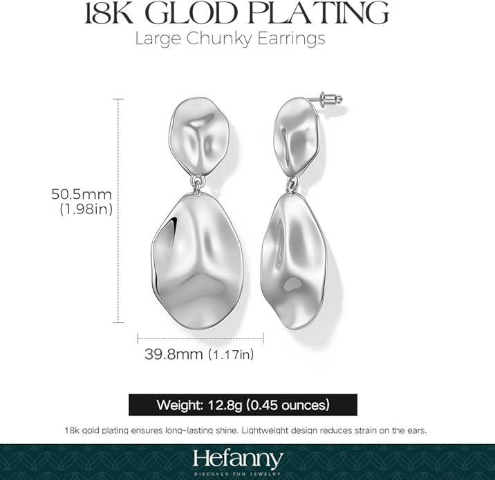 Hefanny Large Hammered Teardrop Dangle Earrings Geometric Chunky Flower Earrings Women's Trendy Statement Jewelry Multiple Styles
