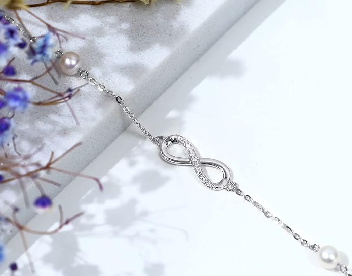 SISGEM 14k Gold Diamond Infinity Bracelet for Women, Real Gold Pearl Love Jewelry Gifts for Wife, Present for Her, 6.9"-8.3"