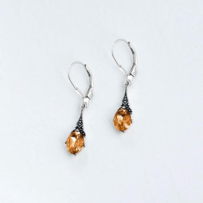 AOBOCO Vintage Earrings for Women Sterling Silver Retro Drop Dangle Leverback Earrings with 8x6mm Oval Genuine or Simulated Birthstone Crystal from Austria, Anniversary Jewelry Gifts for Her Women