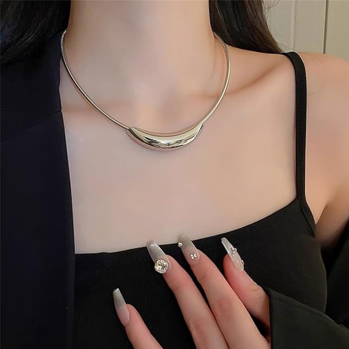 Stailess Steel Metal Curved Bar Tube Choker Necklace For Women,Statement Chunky Snake Chain Horizontal Round Tube Jewelry Necklace